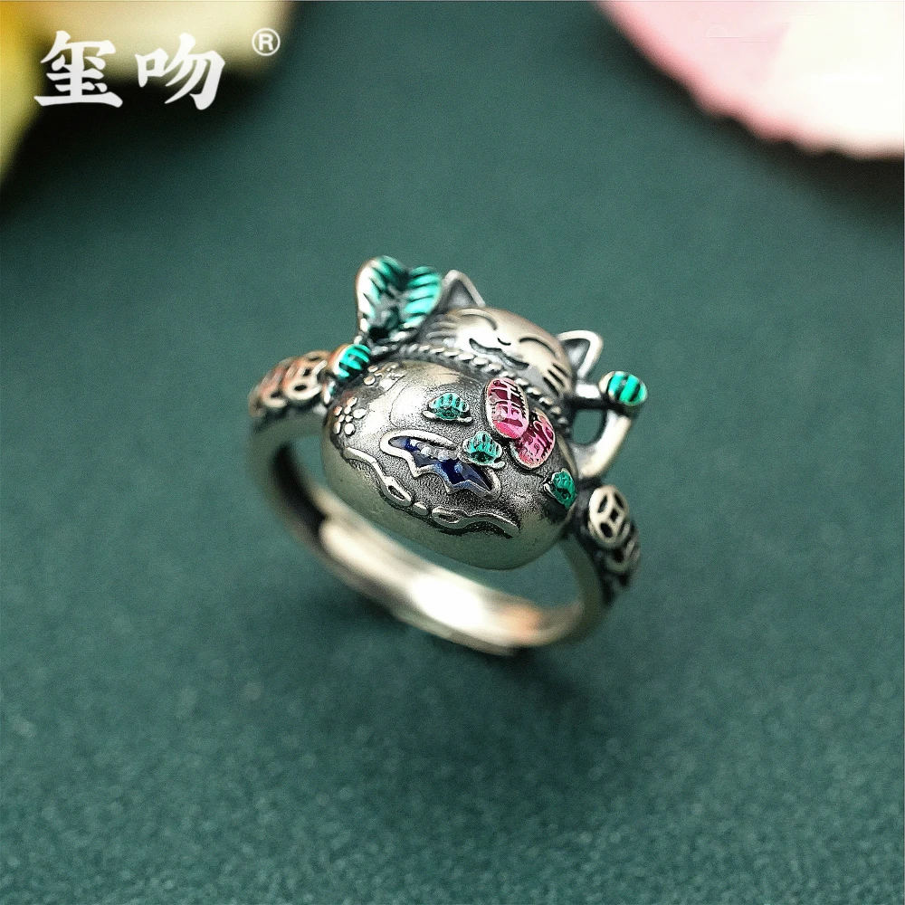 足银戒指 【玺吻】足银 烧蓝一叶生财可爱招财猫戒指 JZ104