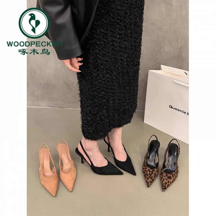 啄木鸟法式豹纹高跟鞋包头凉鞋仙女鞋2025新款春夏季绒面尖头单鞋