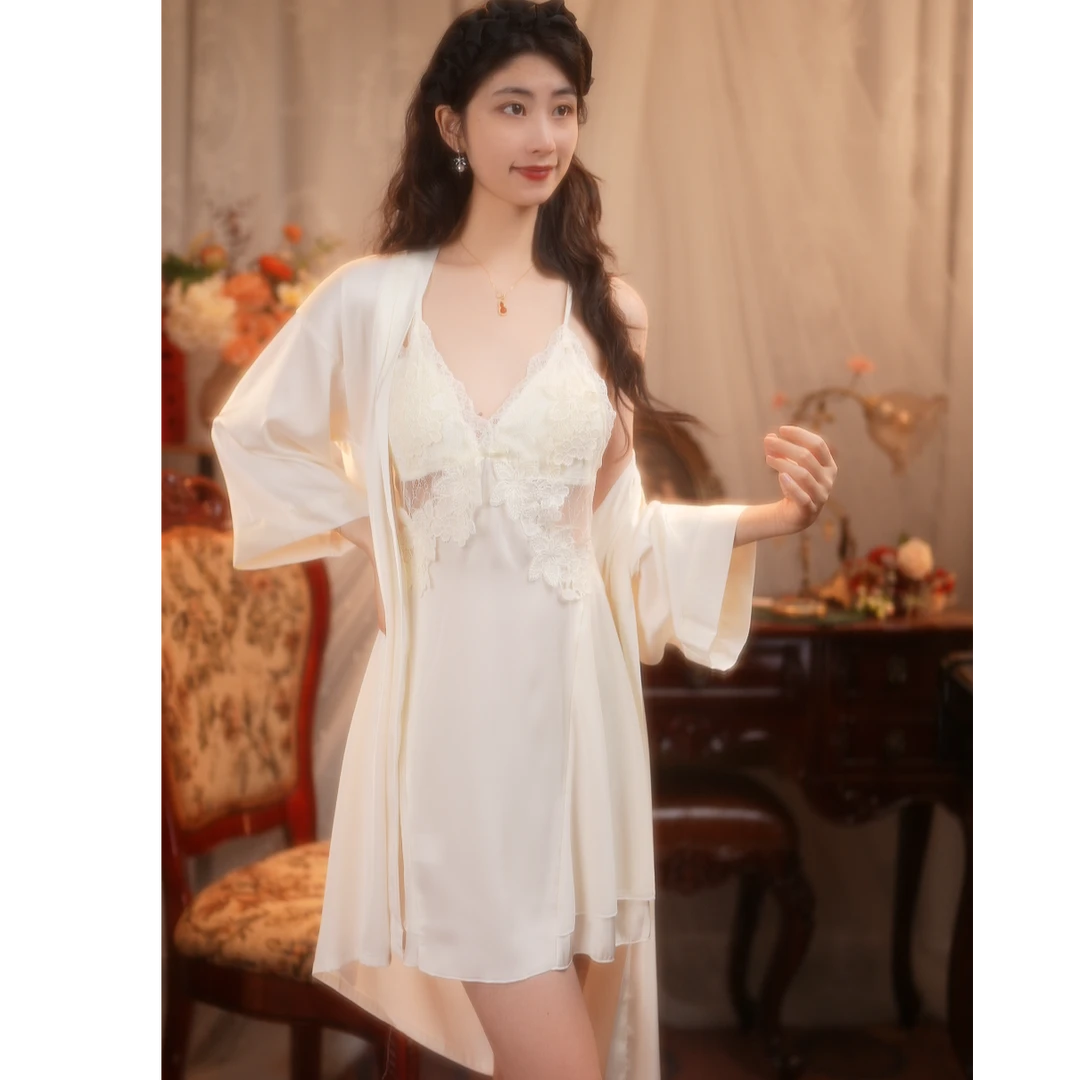 【十指相扣】性感蕾丝睡裙缎面带胸垫刺绣镂空美背修身显瘦家居服