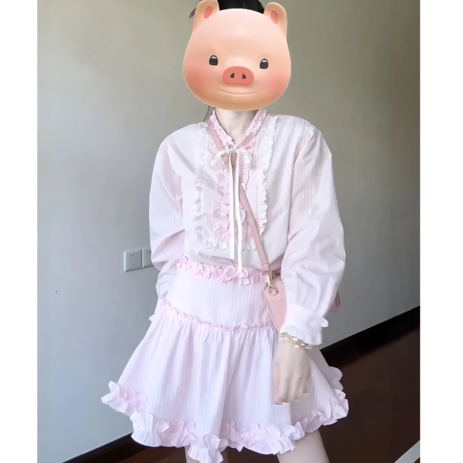 法式甜美粉色花边长袖衬衫女秋季新款设计感小众别致绝美短裙套装