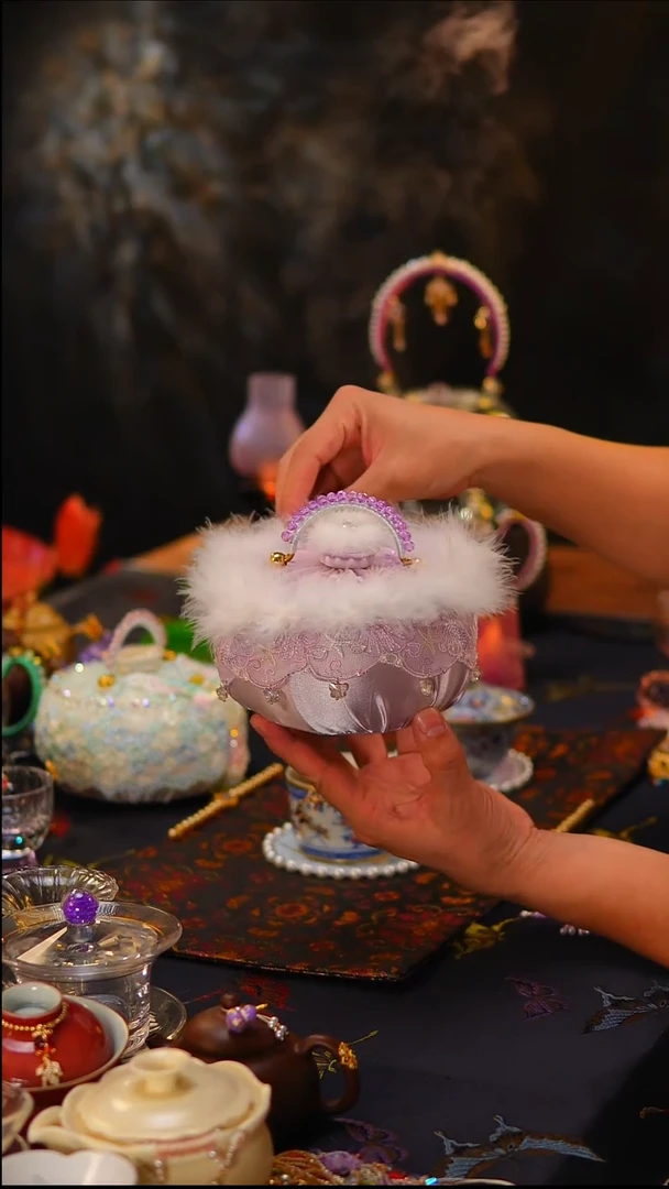 040淡紫色汤婆子双层驼鸟毛不带流苏