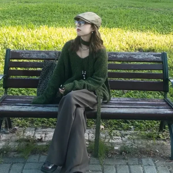 慵懒风复古松弛感春秋穿搭宽松百搭针织衫长袖毛衣休闲直筒阔腿裤