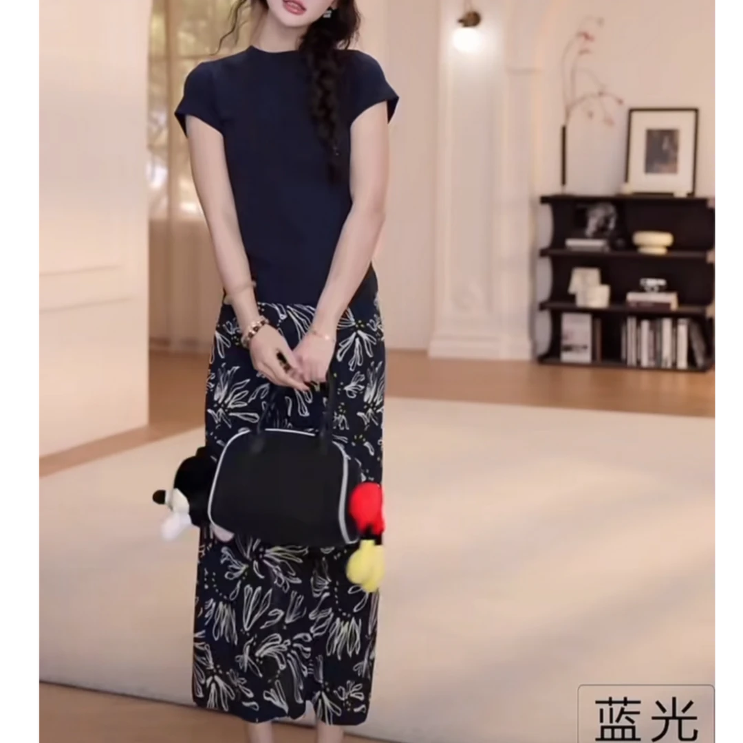 洋气衣服女2025夏季减龄显瘦短袖T恤上衣百搭大花半身裙气质套装
