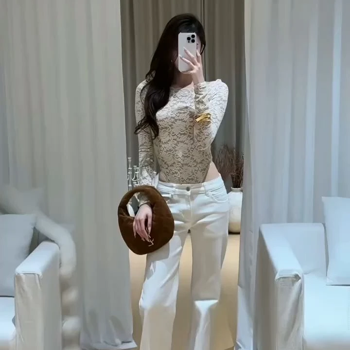 纯欲性感收腰显瘦长袖蕾丝连体衣女秋冬辣妹气质上衣微喇长裤套装