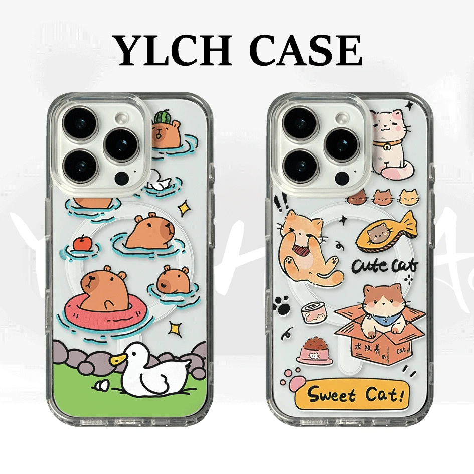 水豚亚克力磁吸手机壳适用苹果16PROMAX防摔15plus纸盒猫咪新款XS