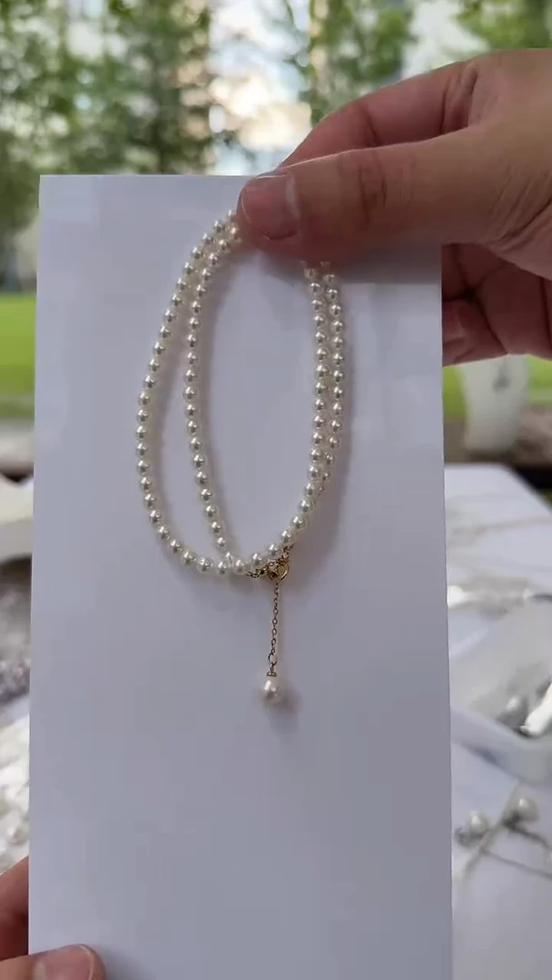 淡水珍珠银S925镶嵌项链4.5-5mm（吊尾珠-金色）