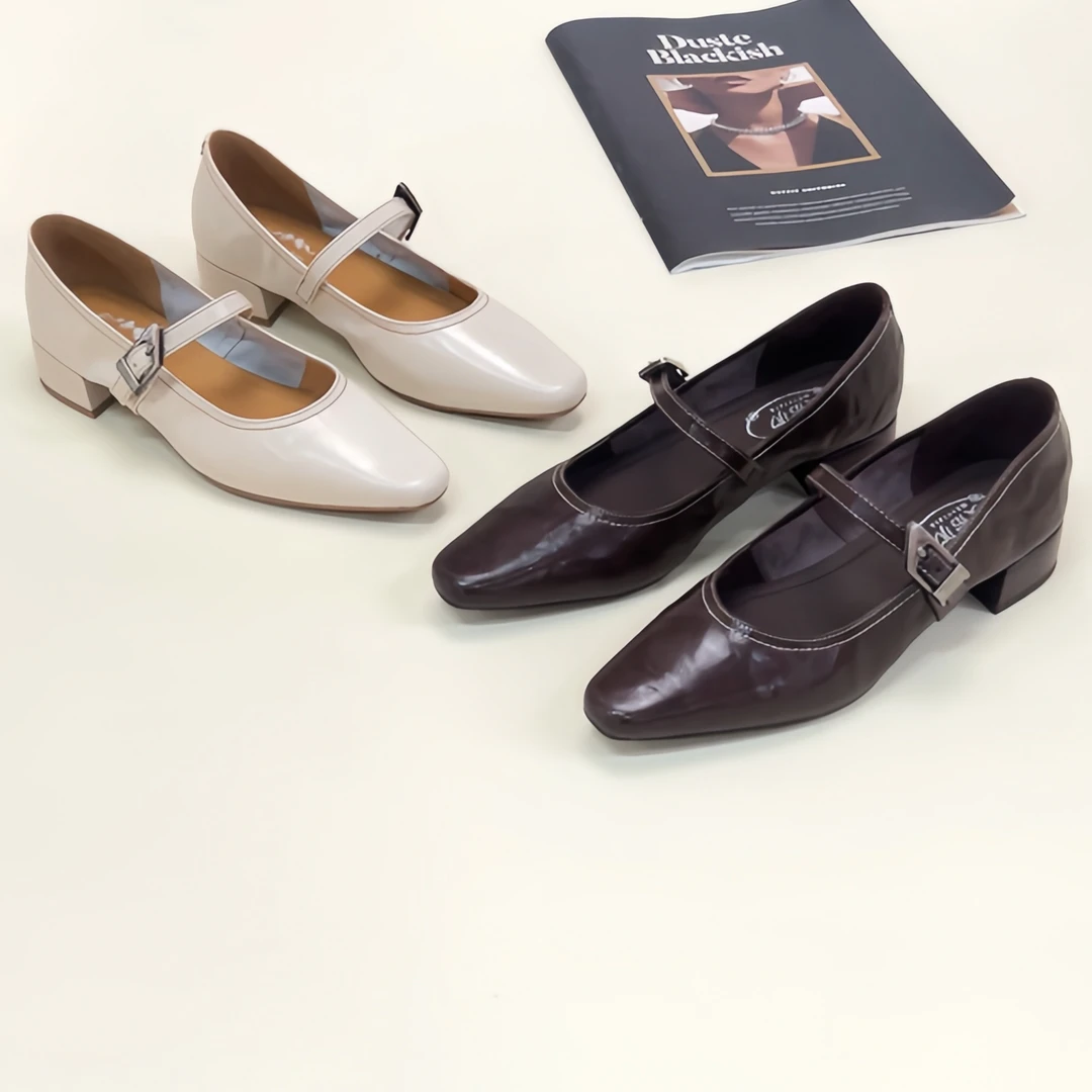 春新款时尚洋气复古方头玛丽珍真皮浅口女单鞋3-5厘米低粗跟百搭