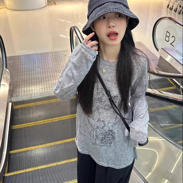 美式复古灰色长袖防晒T恤女夏季小个子宽松外搭薄款空调罩衫上衣