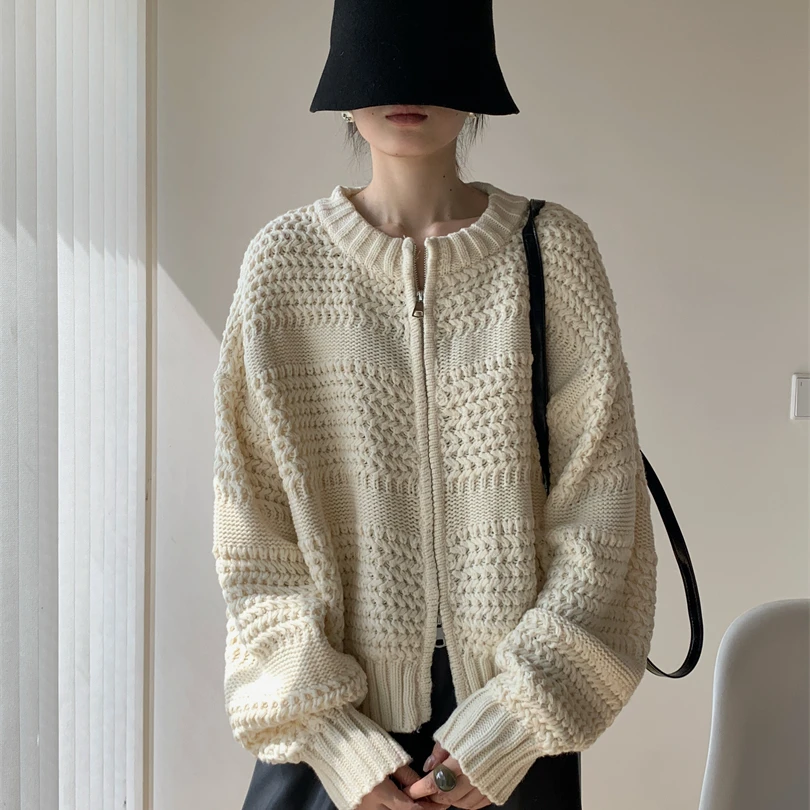2025秋冬双头拉链粗线棒针宽松百搭毛衣外套女款百搭针织开衫