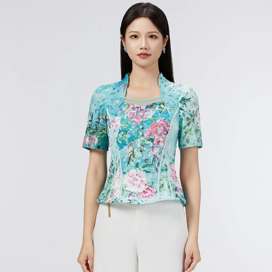 SUSSI/古色“荷叶”夏水溶蕾丝前方领显瘦透气蕾丝上衣