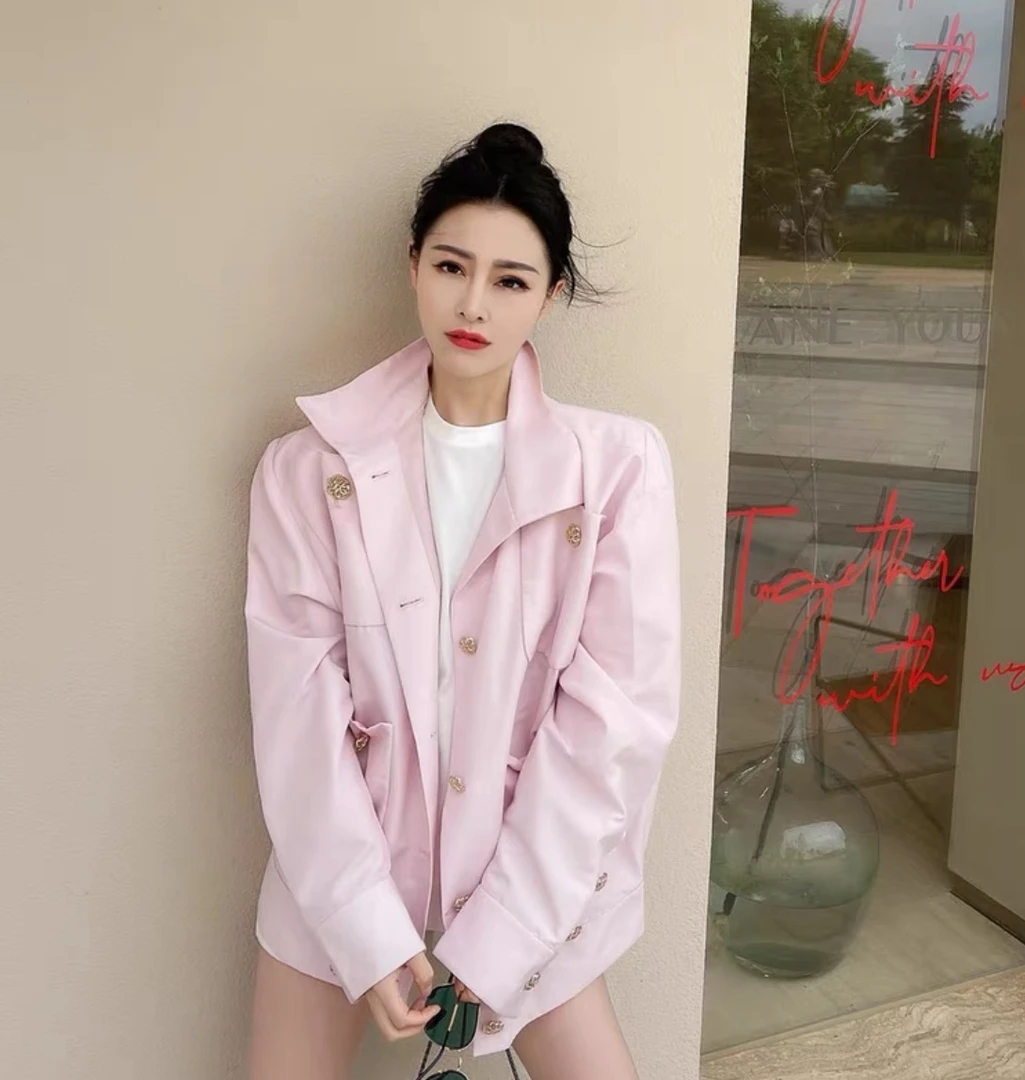 95新 Chanel/香奈儿  IW0358   浅粉色棉质翻领外套 XXS码