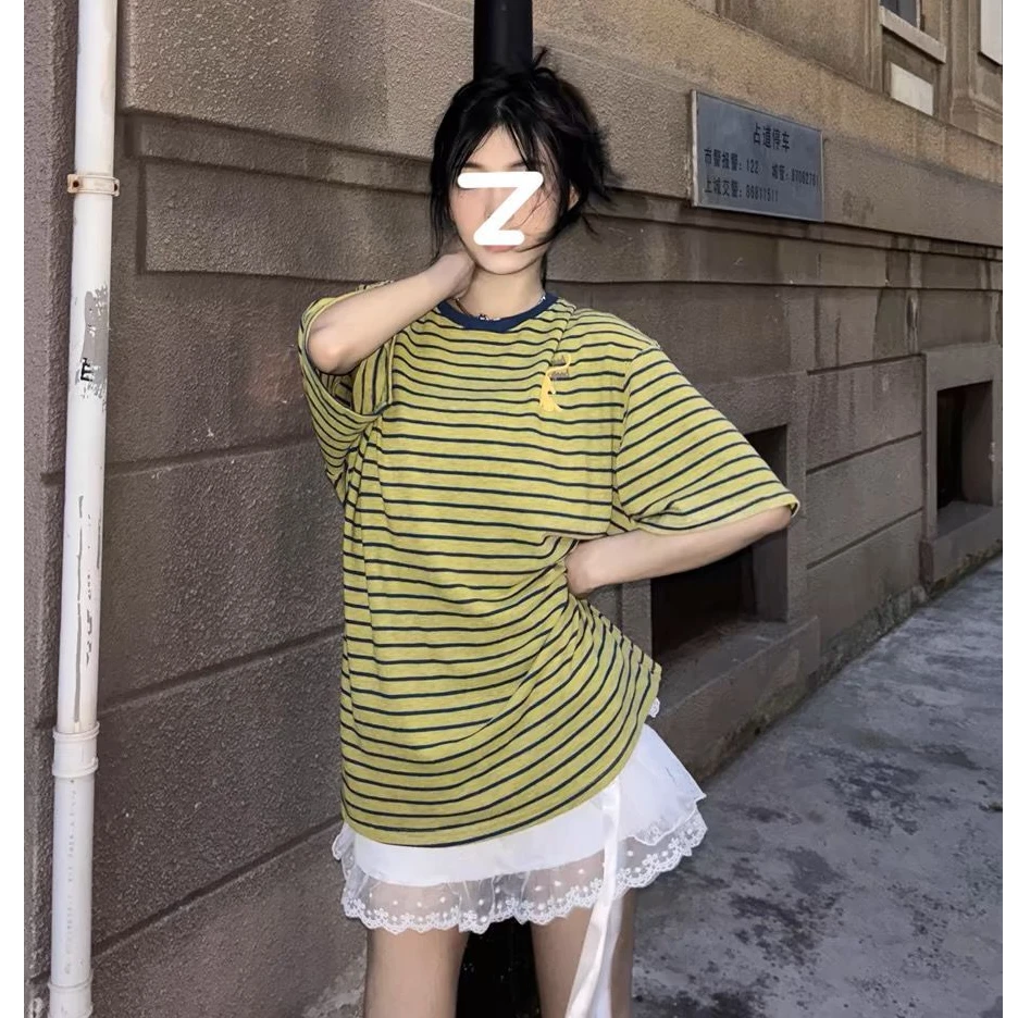 日系复古撞色条纹小猫短袖T恤女夏季新款慵懒风宽松休闲上衣