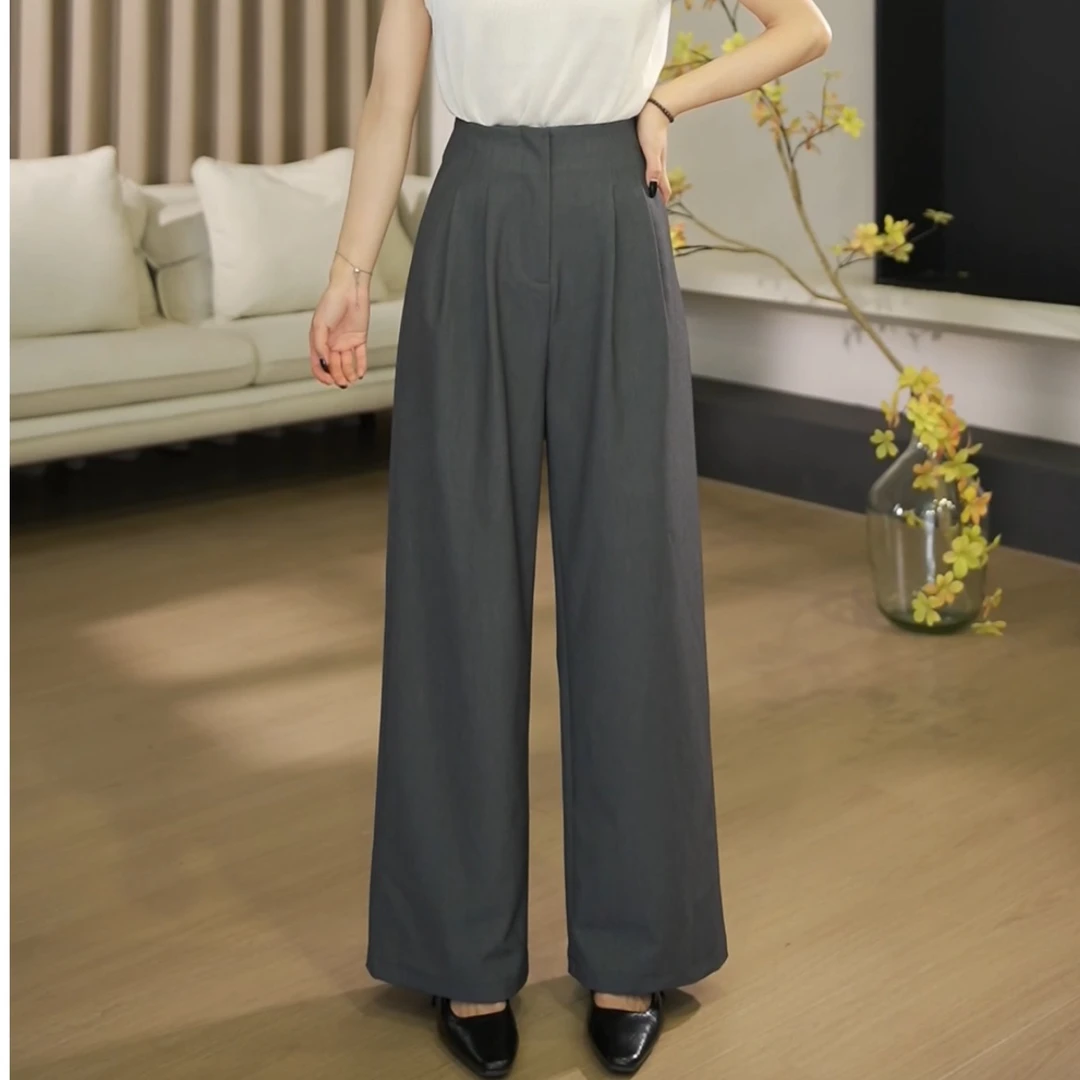 【现货】新款显瘦气质高腰黑色宽松直筒休闲裤-2306