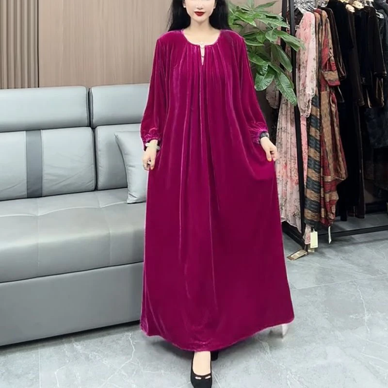 欧若风时尚妈妈高档纯色丝绒连衣裙大码女装优雅气质减龄打底裙子