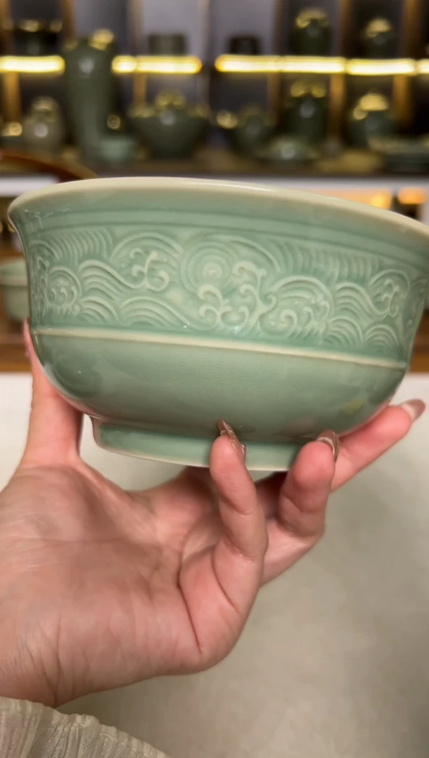 陶瓷耀州窑青釉5.5寸海浪碗一只正品