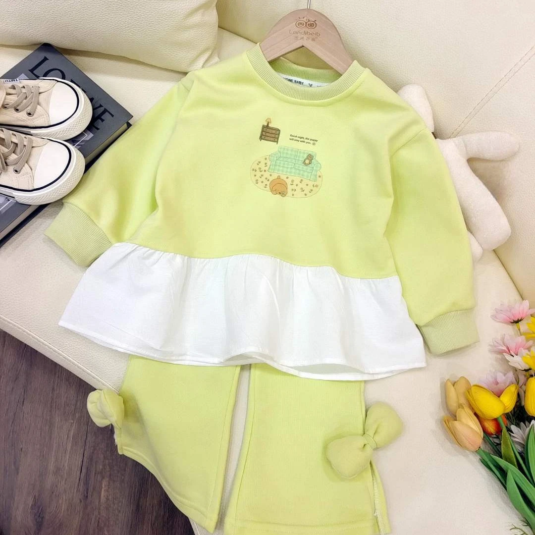 春款上新女童时尚甜美可爱上衣拼纱喇叭裤套装韩版洋气套装C27