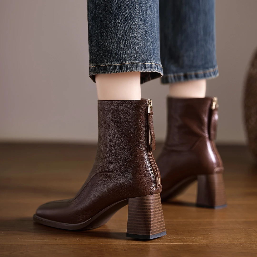 简约时装靴粗跟高跟中跟尖头复古圆头时尚方头