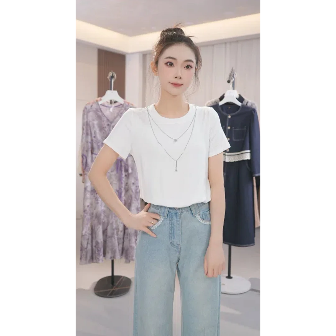 X2025春夏新款韩系甜美蕾丝拼接短袖T恤女修身显瘦短款上衣