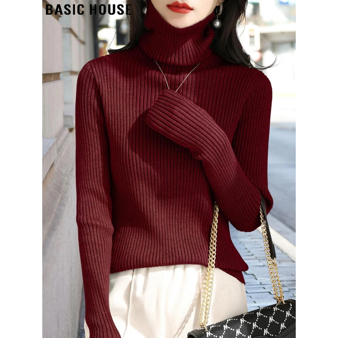 Basic House/百家好酒红色高领加厚毛衣女打底2025冬季针织衫外穿