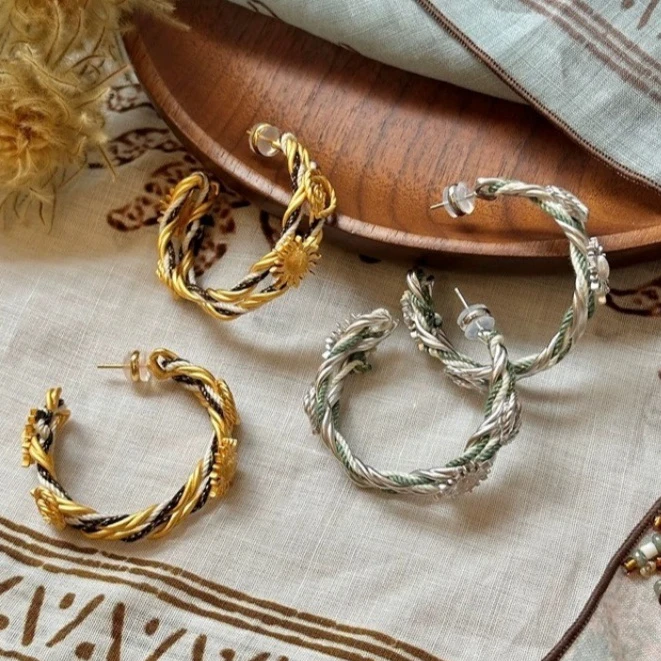 黄铜耳饰 复古旭日绳结太阳花C耳环女时尚气质小众设计高级感百搭