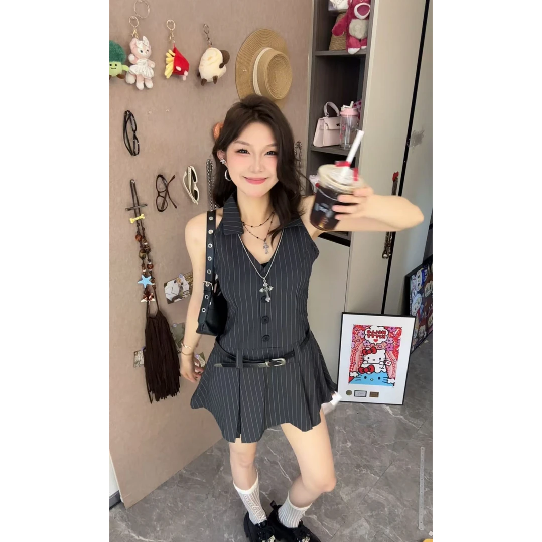 学院风v领无袖挂脖西装连衣裙女夏季小个子气质收腰显瘦a字百褶裙