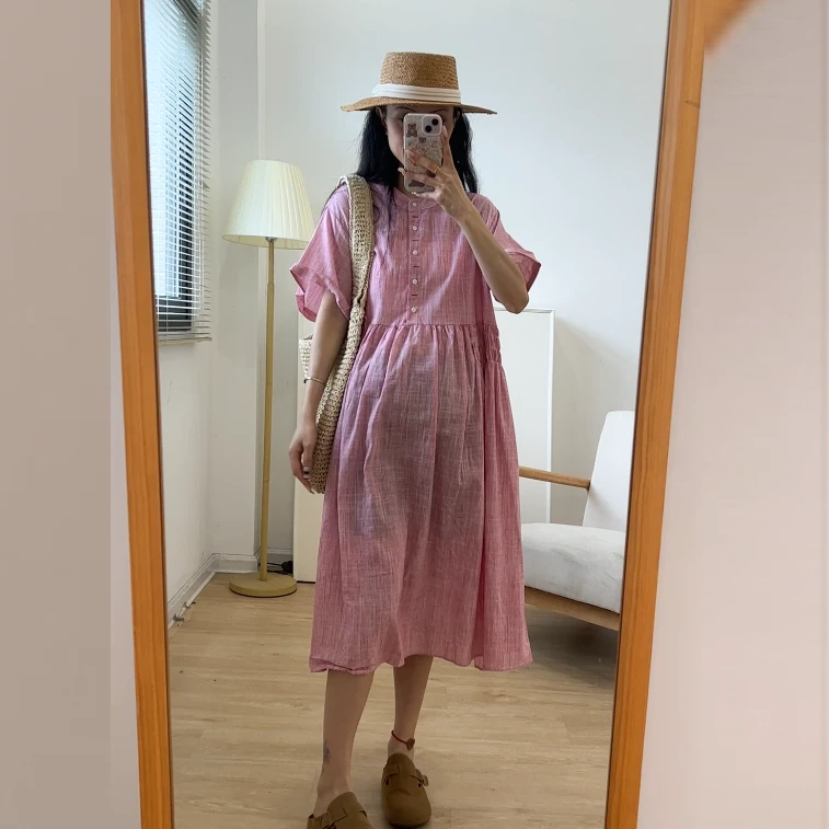 ◆诺初孕妇装◆中式立领孕妇裙子短袖长裙森系文艺风连衣裙夏装
