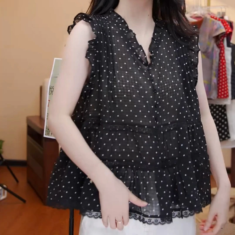 2025夏季新款设计感百搭法式V领波点木耳边衬衫LK2504408