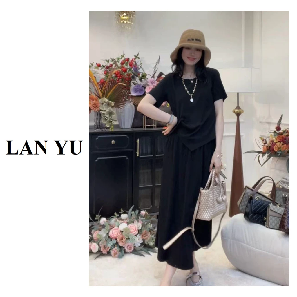 【视觉瘦十斤！】上衣+半身裙两件套~捏褶短袖T恤弹力A字半裙套装