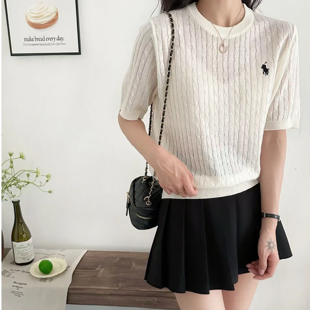 2025年新款时尚圆领套头小马标纯色麻花薄款短袖