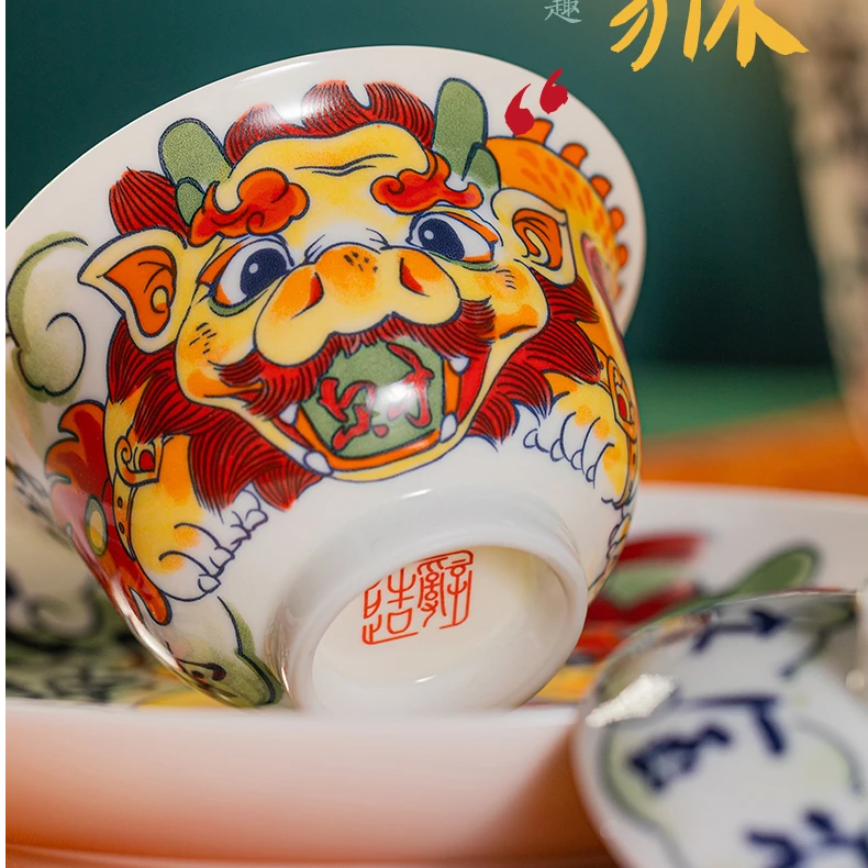 造辞【貔貅盖碗】景德镇国潮风原创釉下彩瓷盖碗