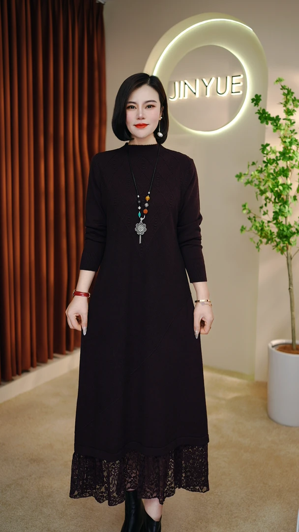 【云绣阁】5618新款圆领针织毛线裙下摆蕾丝气质百搭显瘦连衣裙