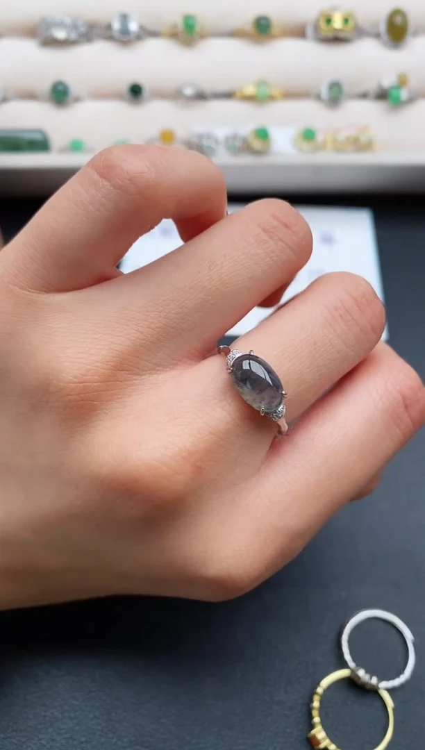 银S925镶嵌戒指翡翠缅甸天然A货翡翠22  5-5