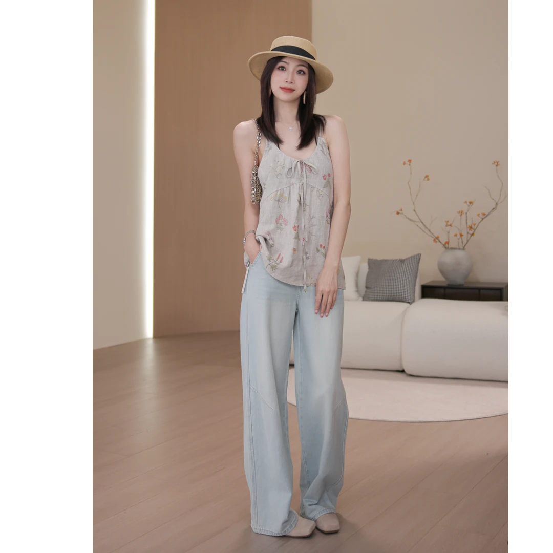 亚麻显瘦文艺森系印花小碎花气质简约上衣夏季小众YY187