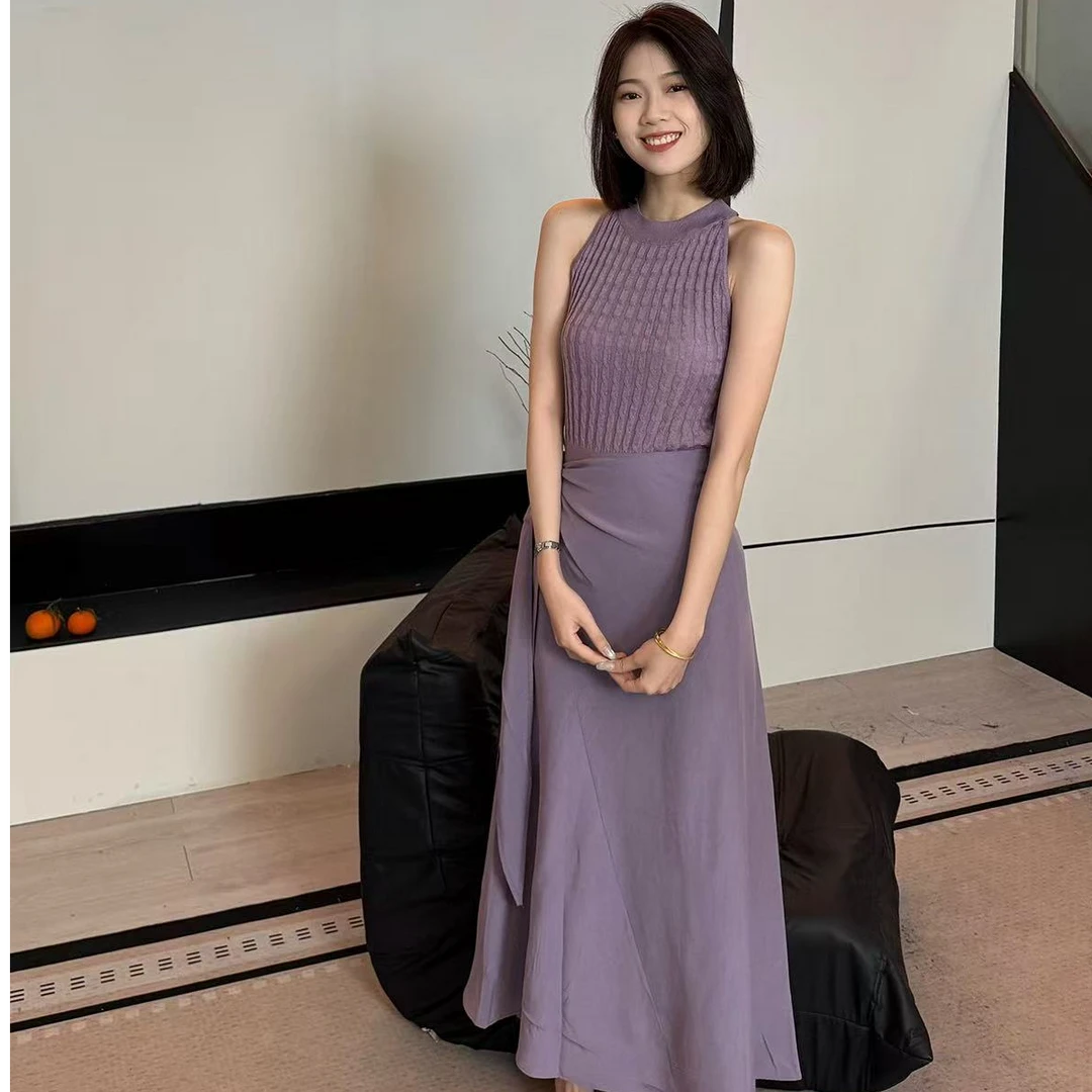 2025夏季新款麻花针织无袖背心+紫色系带一片式半身裙套装