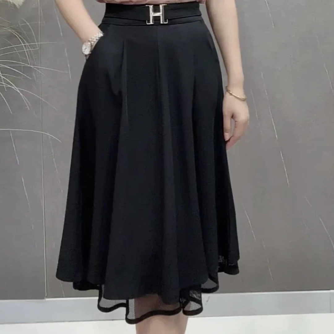 2025年夏季新款H字母伞裙显瘦高腰遮胯松紧腰中长半身裙681