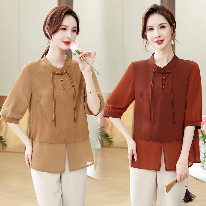 新中式拼接假两件衬衫半袖小衫妈妈洋气新国风夏装上衣中老年女百