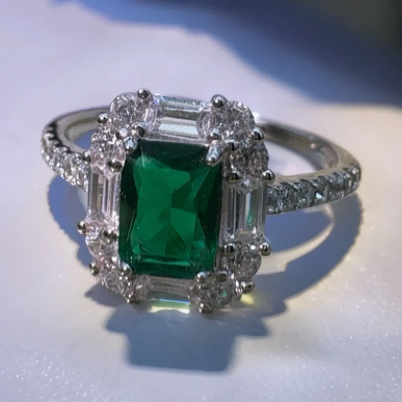 925银合成锆石戒指 A45【丛林秘境】几何四边形绿S925银戒指