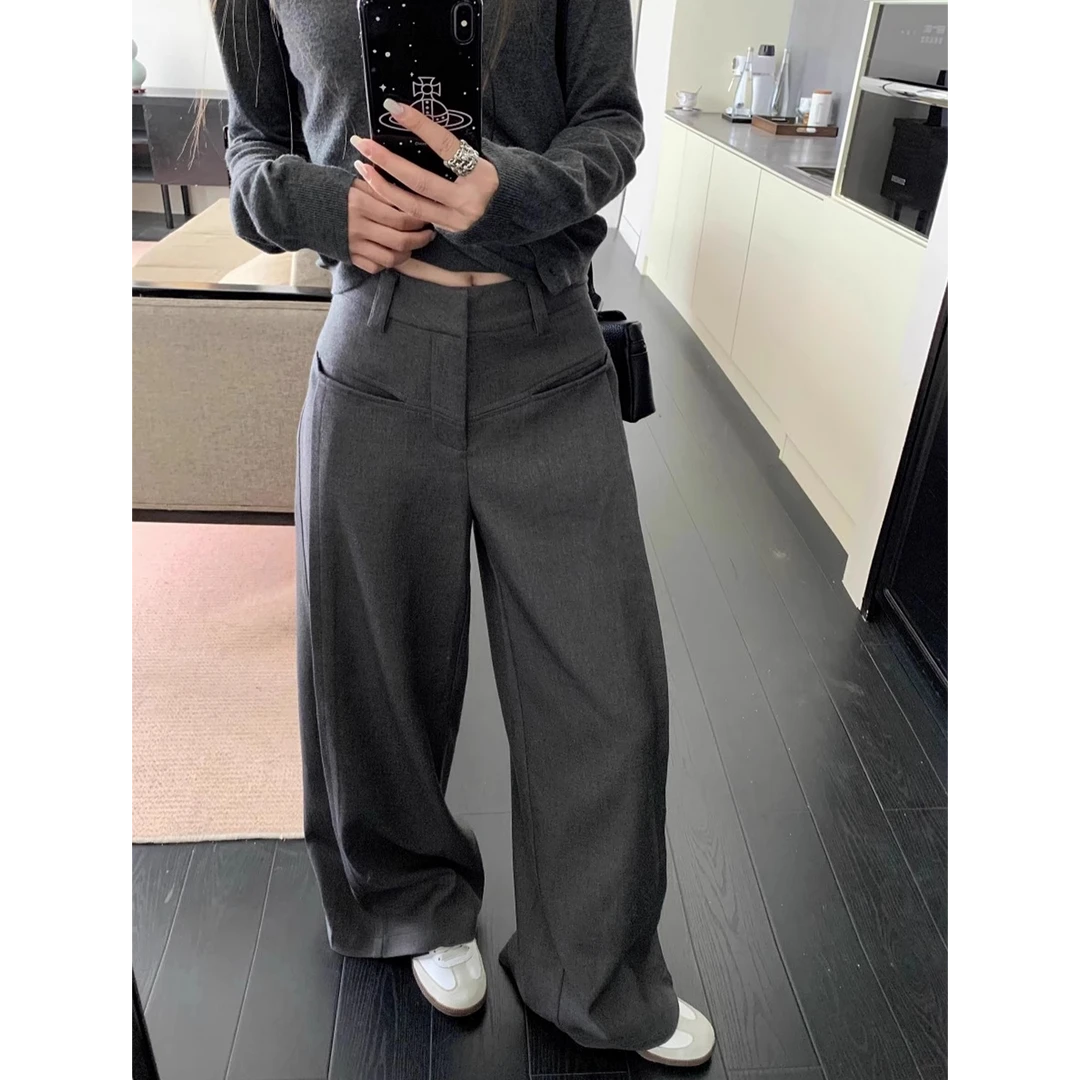 慵懒风垂感灰色西装裤休闲裤女秋季百搭高腰跨省阔腿裤拖地长裤子