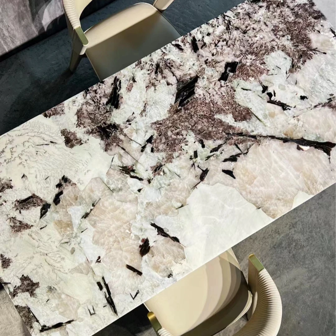 【奢艺美品】天然奢石雪山兰桌椅2024新款长方形大餐桌别墅高端