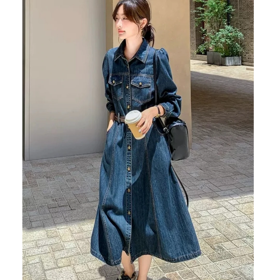 长袖牛仔连衣裙女早秋2025新款收腰显瘦气质减龄衬衫裙