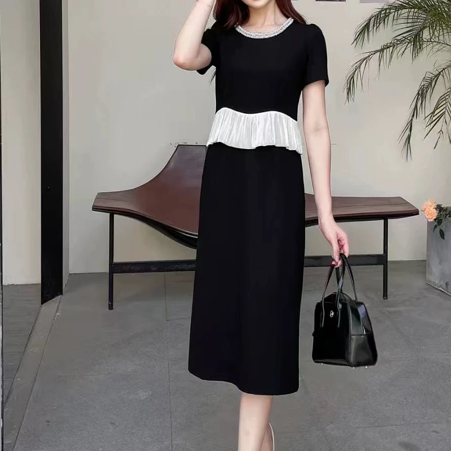 256677圆领短袖夏季A字裙珍珠连衣裙收腰裙子韩版长裙长款辣妈