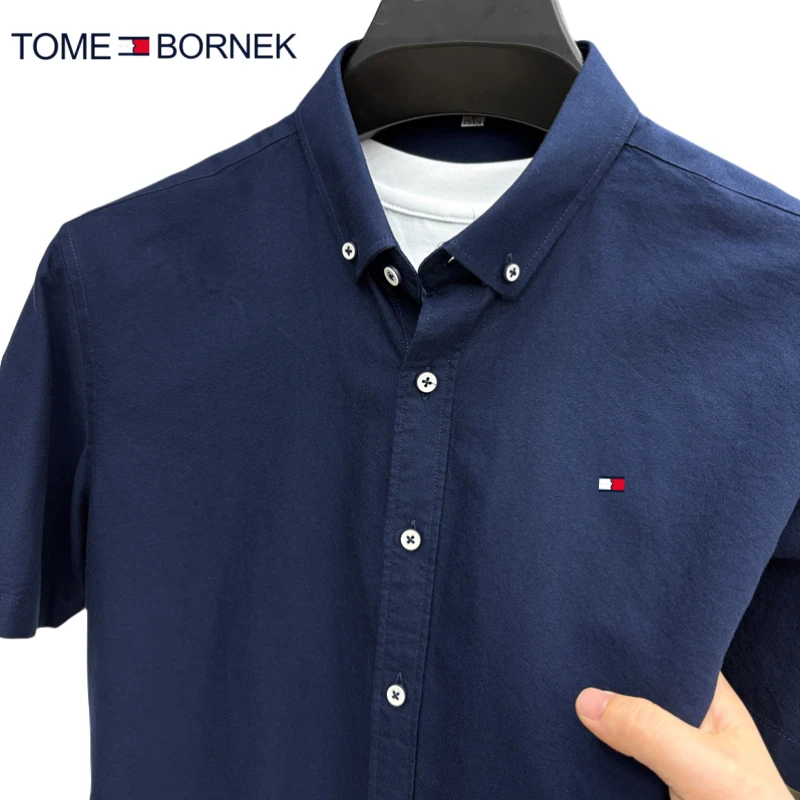 正品TOME BORNEK汤米纯色100%纯棉短袖衬衫男夏季商务休闲衬衣