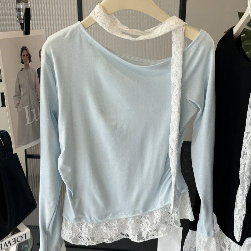 打底衫t恤蕾丝拼接喇叭袖小心机斜肩漂亮小衫蕾丝飘带挂脖上衣