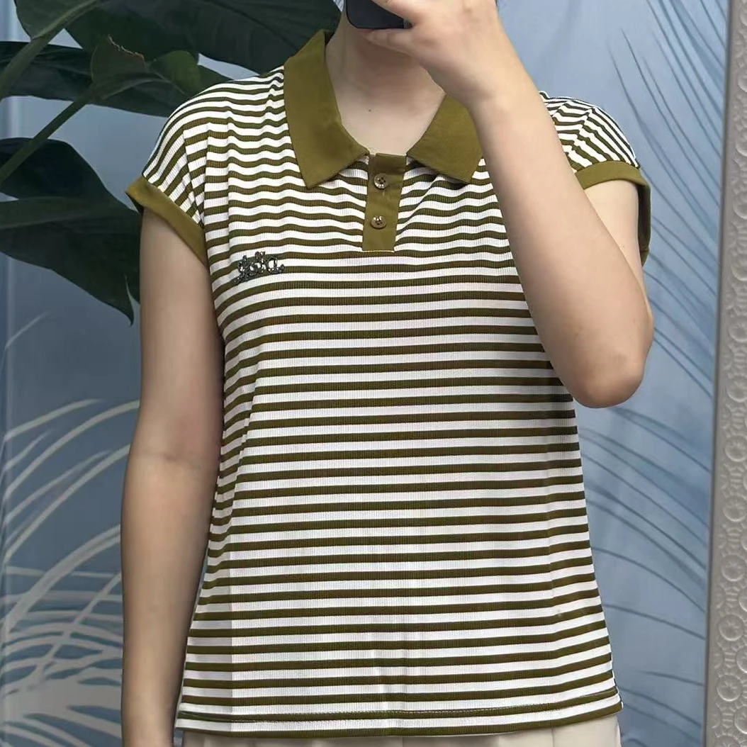 条纹修身型常规款翻领V领短袖T恤针织韩版ol撞色显瘦