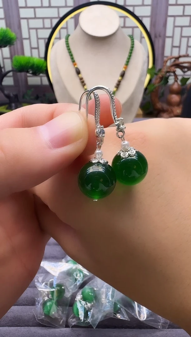 银S925镶嵌耳饰碧玺猫眼E90