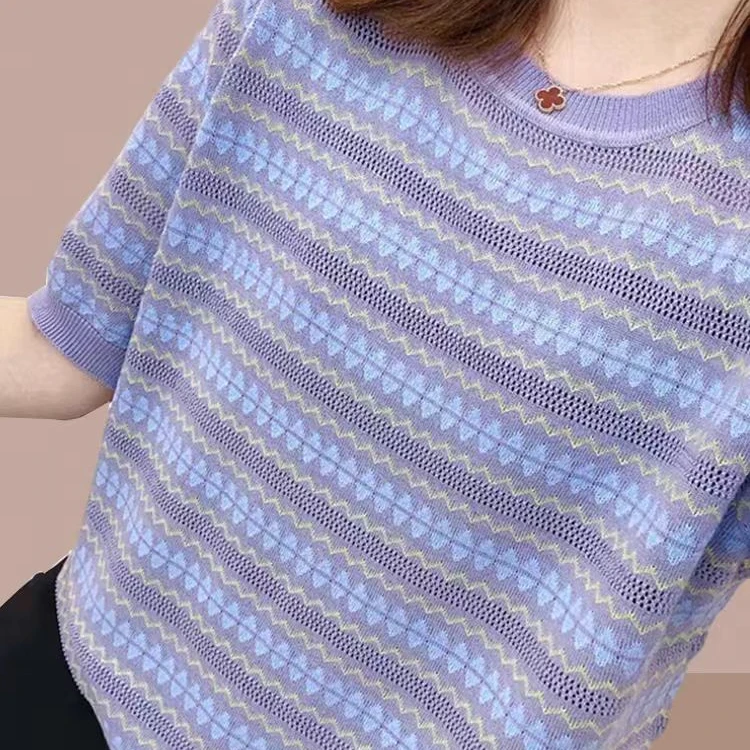 {有运费补贴}新女士短袖t恤针织衫遮肚子上衣洋气减龄显瘦体恤衫