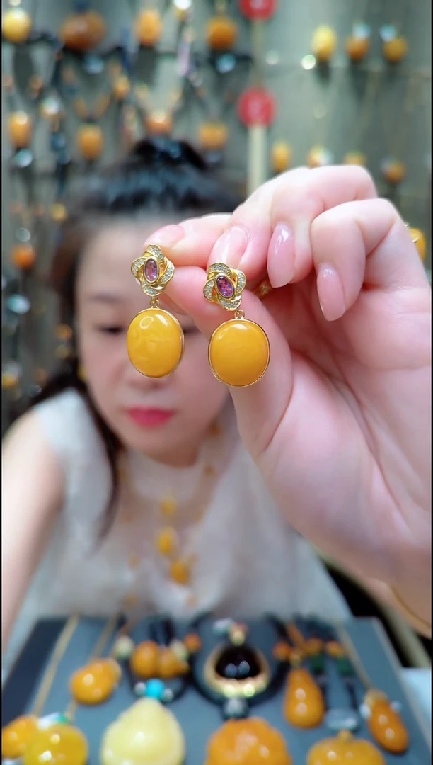 银S925镀金镶嵌蜜蜡珠宝奇石﹣C098蜜蜡耳坠