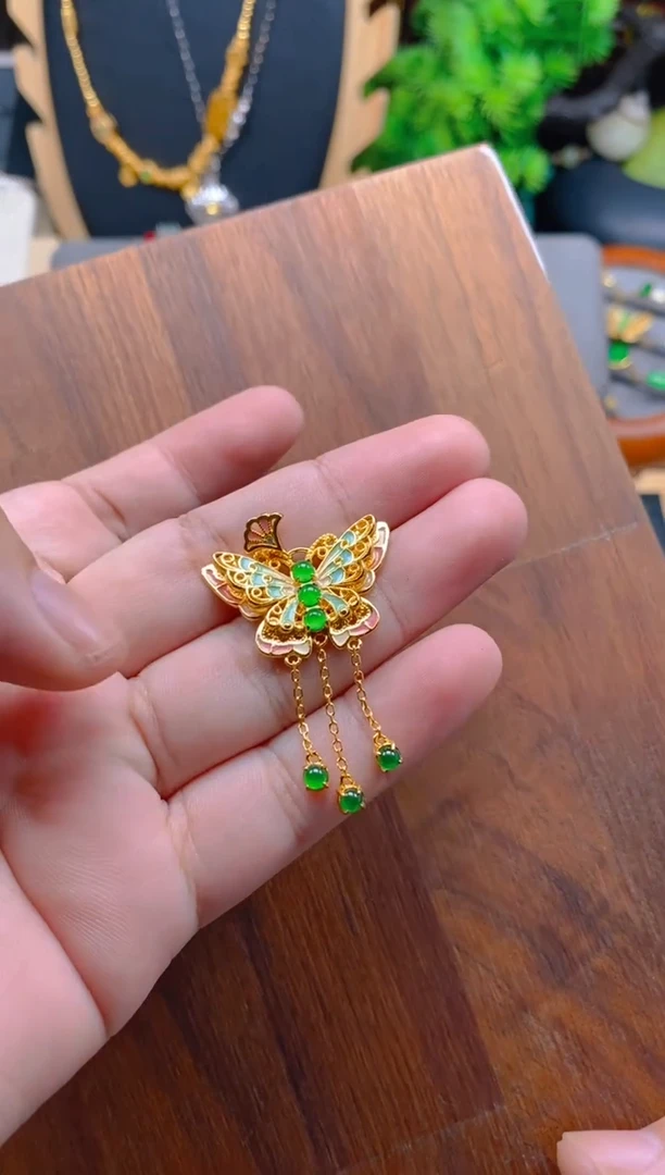 吊坠(不含链)银S925镶嵌翡翠蝴蝶