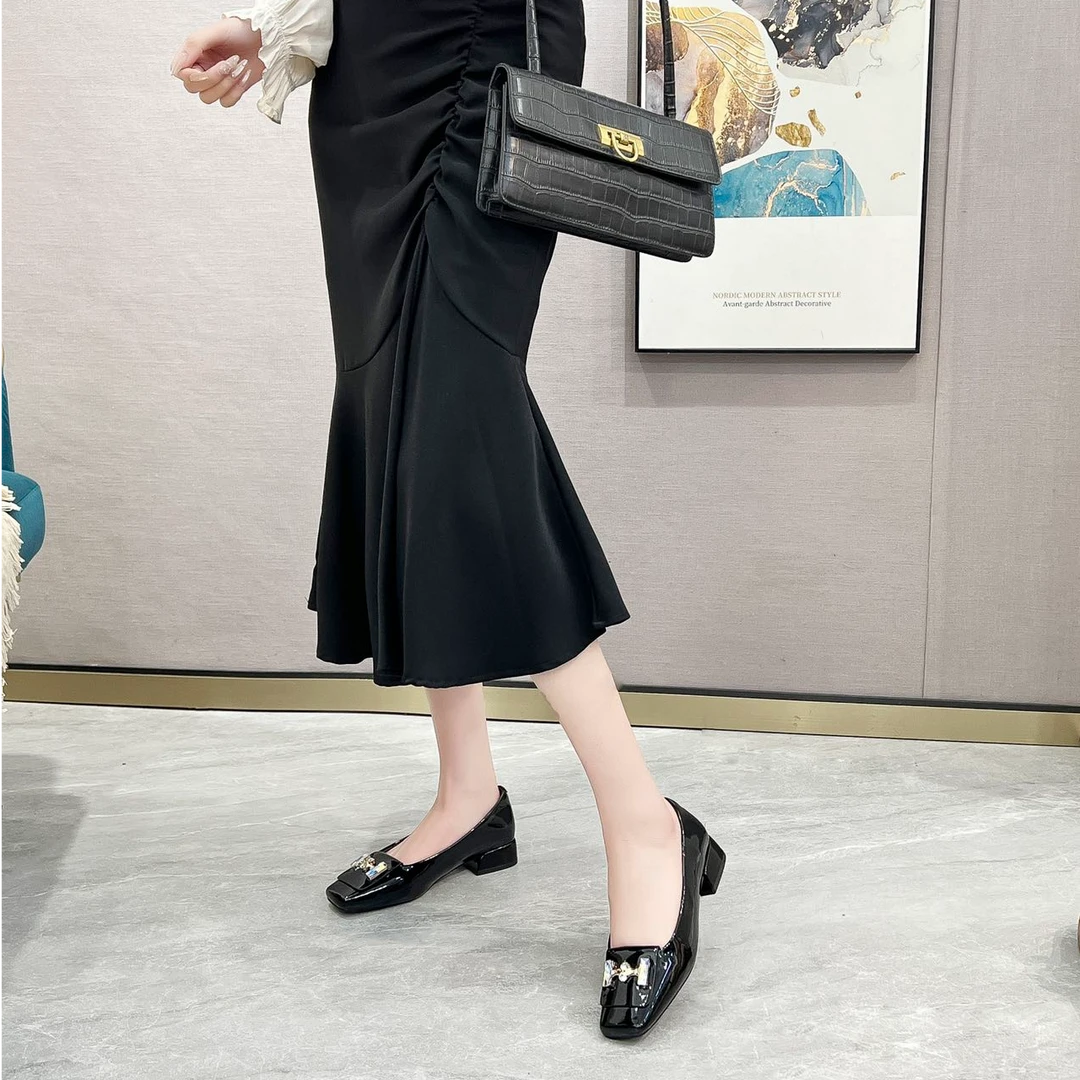 25222  新款百搭气质方头粗跟浅口单鞋