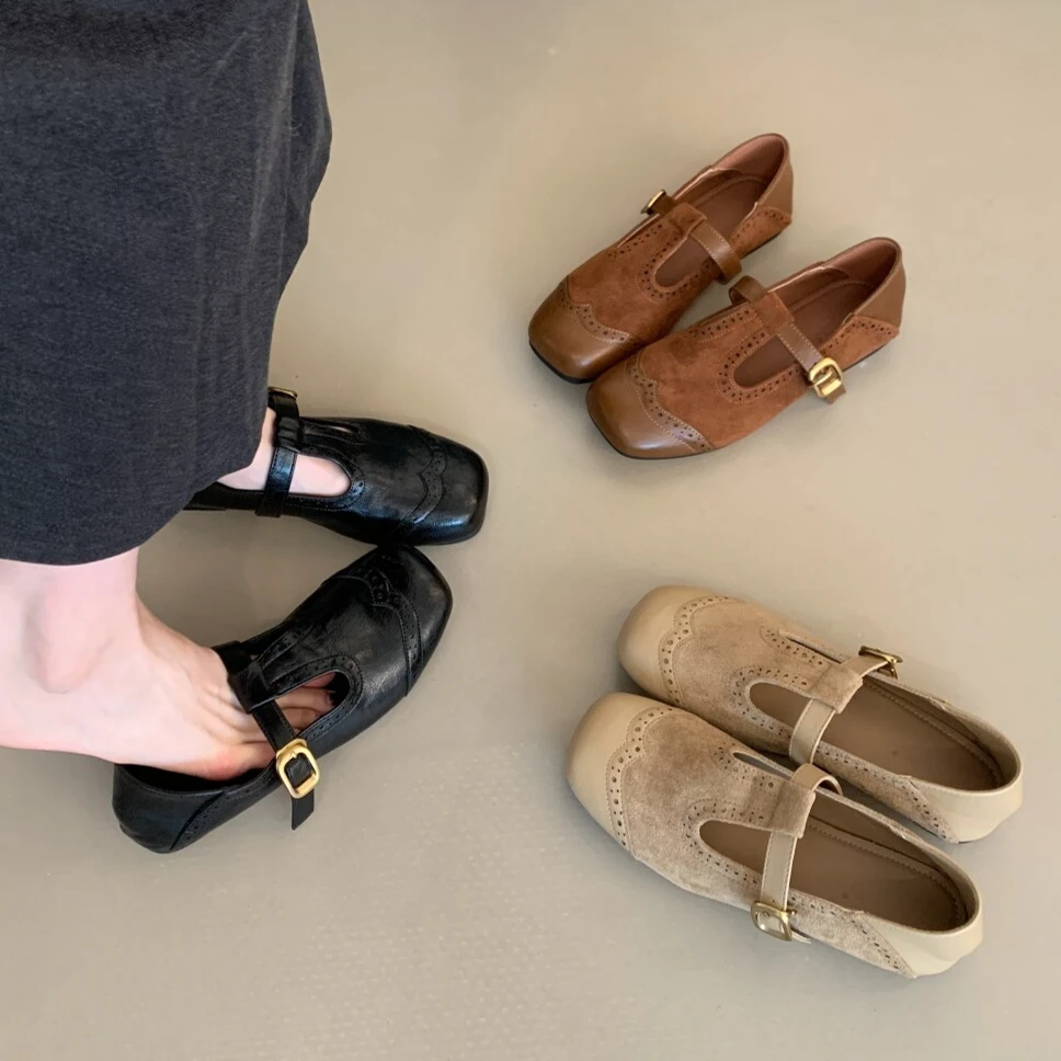 复古绒面平底单鞋女春秋新款百搭一脚蹬软底美拉德玛丽珍芭蕾舞鞋